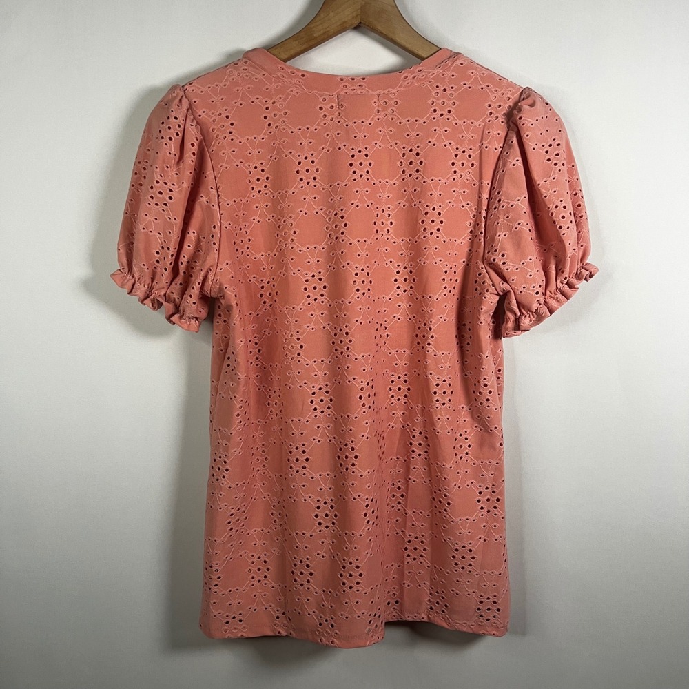 Les Amis Blouse Women Small Rose Pink Eyelet Detail Short Sleeve Puff Sleeve - Picture 7 of 7